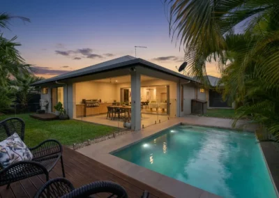 Stunning day-to-dusk transformation of a California USA property backyard pool for real estate.
