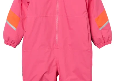 Professional clipping path for a pink snowsuit, ensuring clean background removal for online stores.