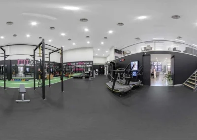 High-end 360 virtual tour of a fitness studio, featuring perfectly balanced lighting and clarity.