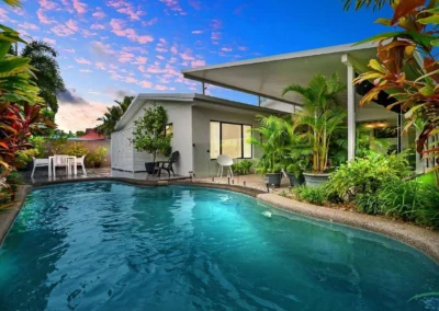 Stunning virtual twilight edit of a backyard pool and patio, designed to increase real estate listing interest.